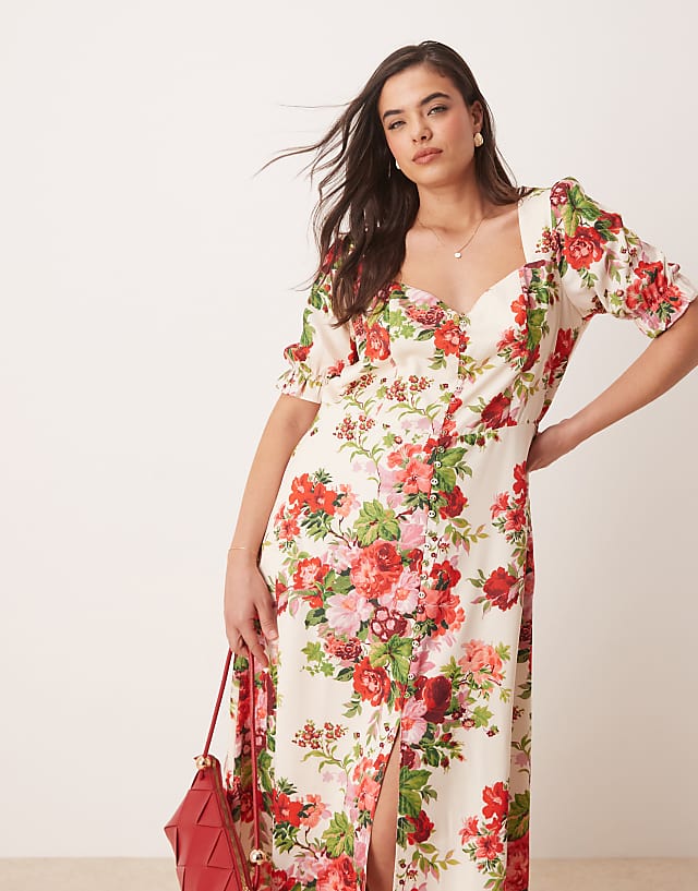 Asos Hope & Ivy Plus Square Neck Open Back Midi Dress In White Red Floral