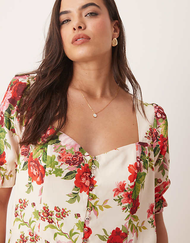 Asos Hope & Ivy Plus Square Neck Open Back Midi Dress In White Red Floral