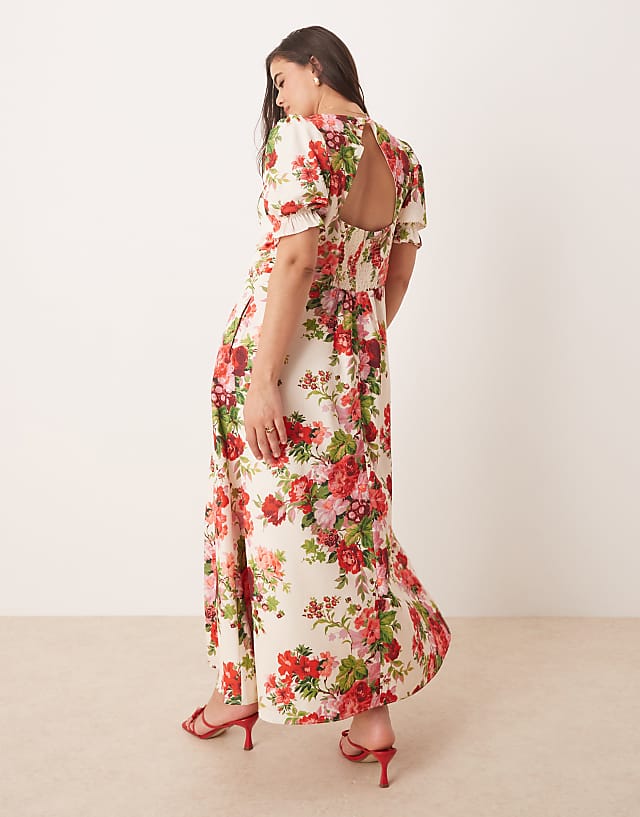Asos Hope & Ivy Plus Square Neck Open Back Midi Dress In White Red Floral