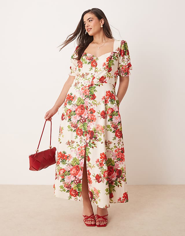 asos Hope & Ivy Plus square neck open back midi dress in white red floral