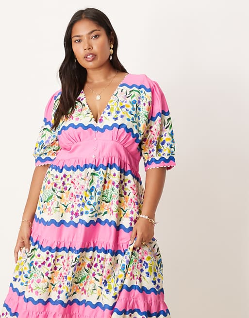 Asos Hope & Ivy Plus V-neck Puff Sleeve Midi Smock Dress In Multi