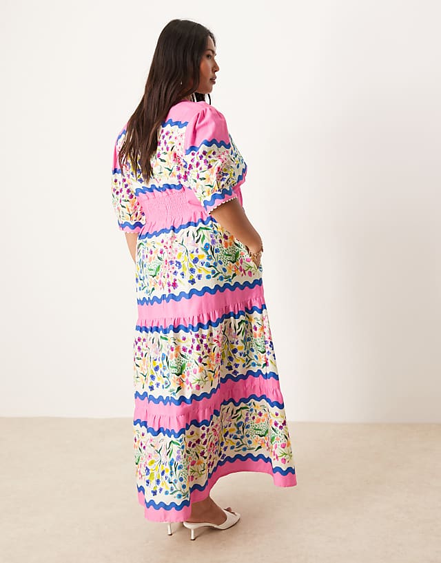 Asos Hope & Ivy Plus V-neck Puff Sleeve Midi Smock Dress In Multi