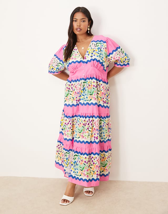 asos Hope & Ivy Plus v-neck puff sleeve midi smock dress in multi