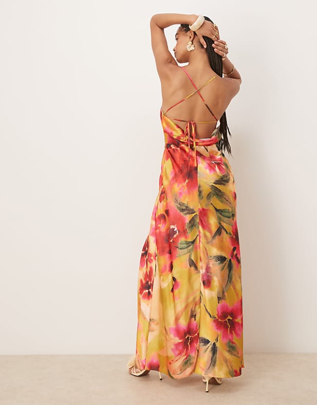 Asos Hope & Ivy Satin Cross Back Cami Maxi Dress In Yellow Floral