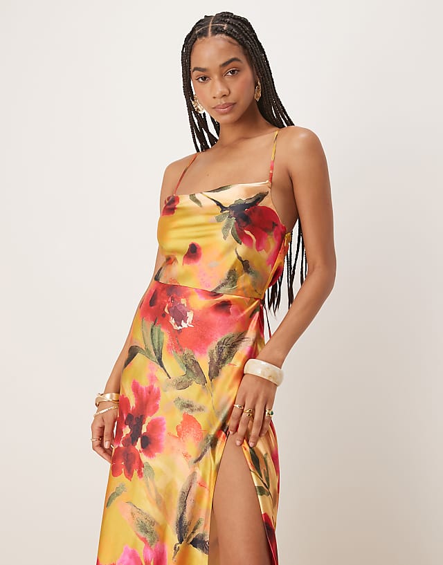 Asos Hope & Ivy Satin Cross Back Cami Maxi Dress In Yellow Floral