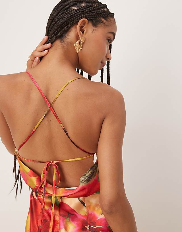Asos Hope & Ivy Satin Cross Back Cami Maxi Dress In Yellow Floral