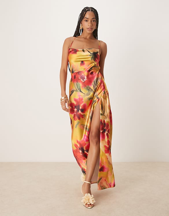 asos Hope & Ivy satin cross back cami maxi dress in yellow floral
