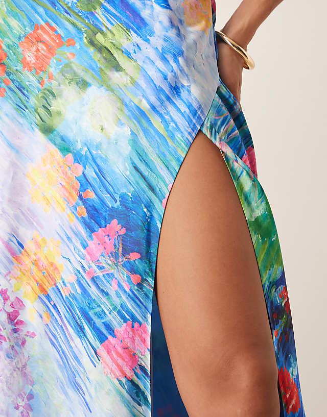Asos Hope & Ivy Satin Cross Back Cami Maxi Dress With In Blue Floral