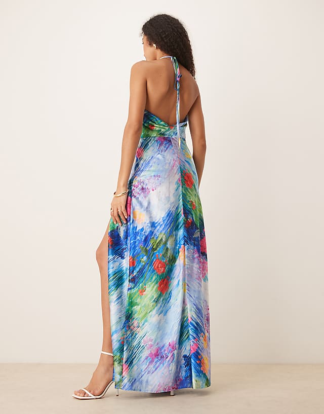 Asos Hope & Ivy Satin Cross Back Cami Maxi Dress With In Blue Floral