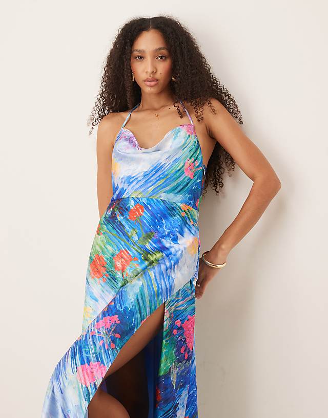 Asos Hope & Ivy Satin Cross Back Cami Maxi Dress With In Blue Floral