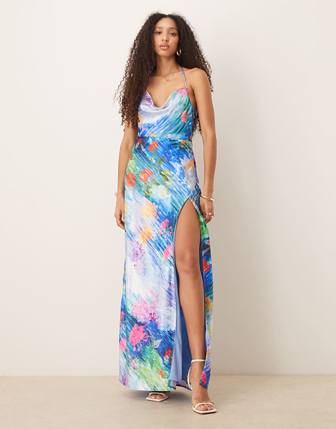 asos Hope & Ivy satin cross back cami maxi dress with in blue floral