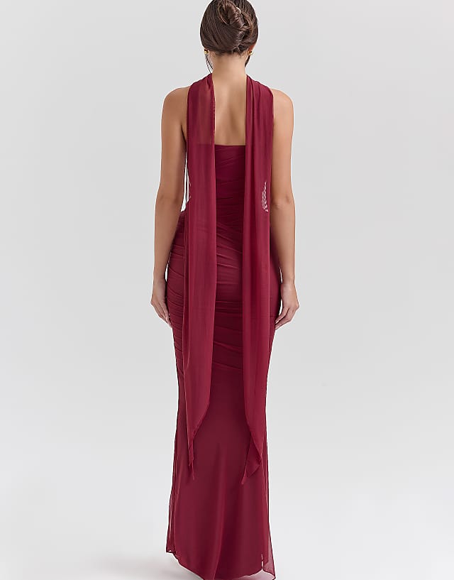 Asos House Of CB Cassidy Fluted Hem Mesh Maxi Skirt In Cabernet