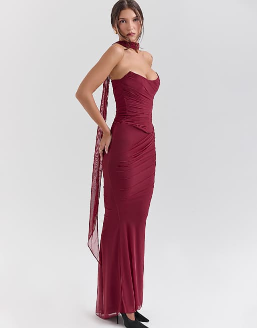 Asos House Of CB Cassidy Fluted Hem Mesh Maxi Skirt In Cabernet