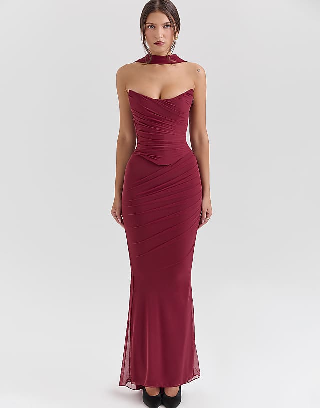 asos House of CB Cassidy fluted hem mesh maxi skirt in cabernet