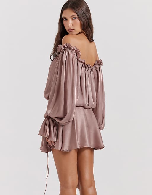 Asos House Of CB Chaya Off Shoulder Dress In Hazelnut