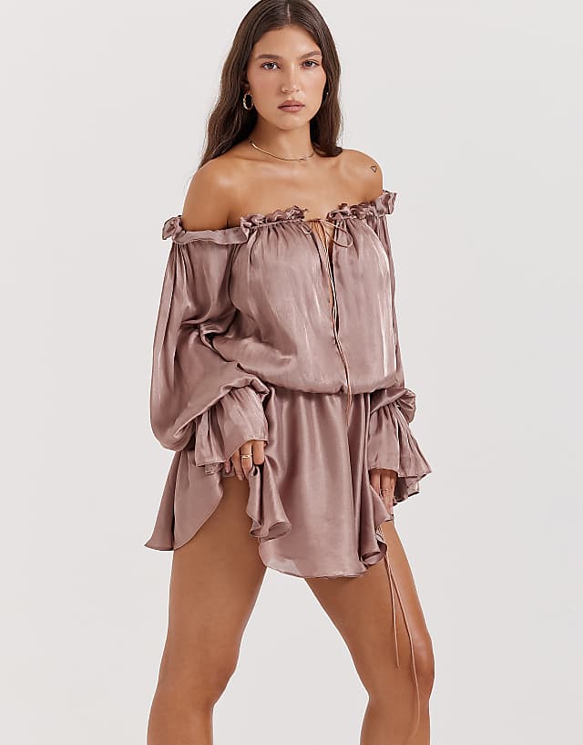 Asos House Of CB Chaya Off Shoulder Dress In Hazelnut