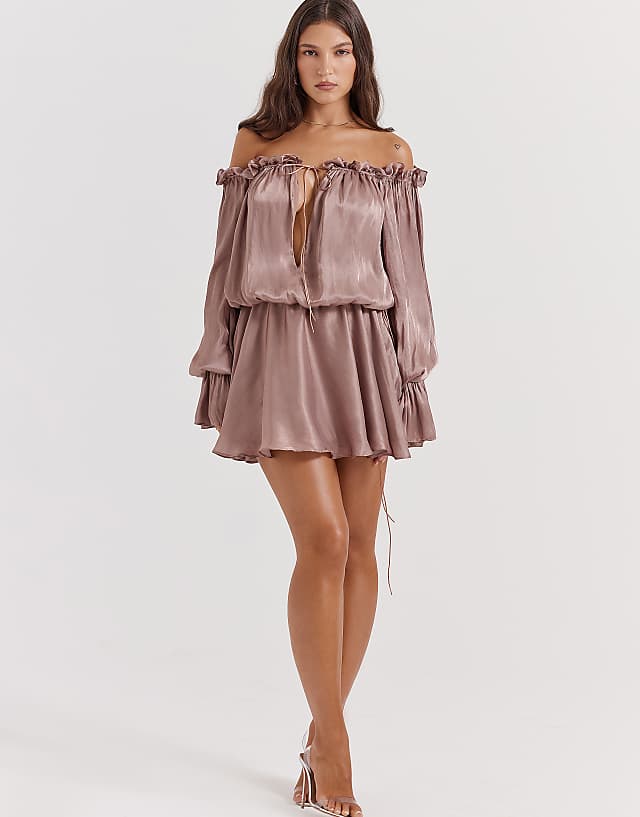 asos House of CB Chaya off shoulder dress in hazelnut