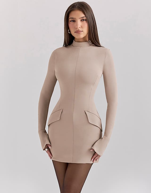Asos House Of CB Mahalia Long Sleeve Mini Dress In Taupe