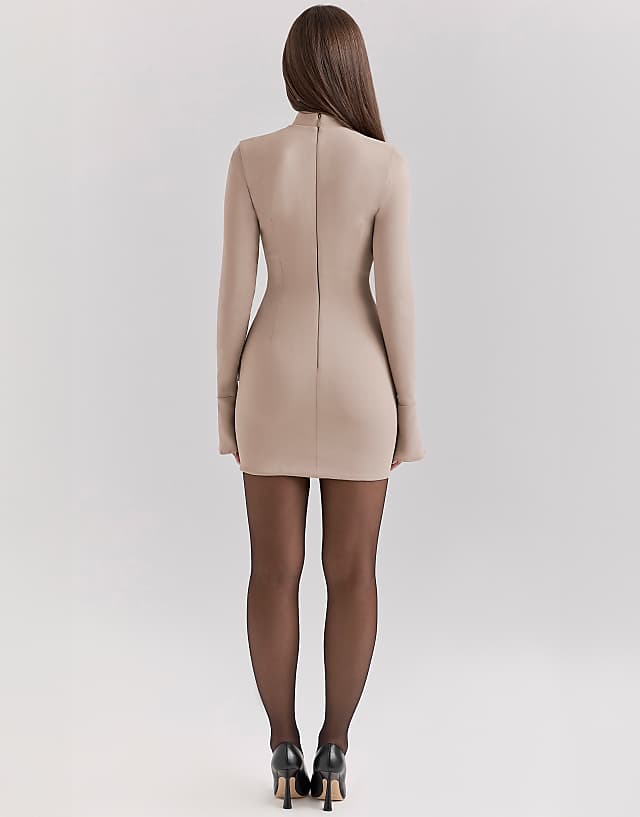 Asos House Of CB Mahalia Long Sleeve Mini Dress In Taupe