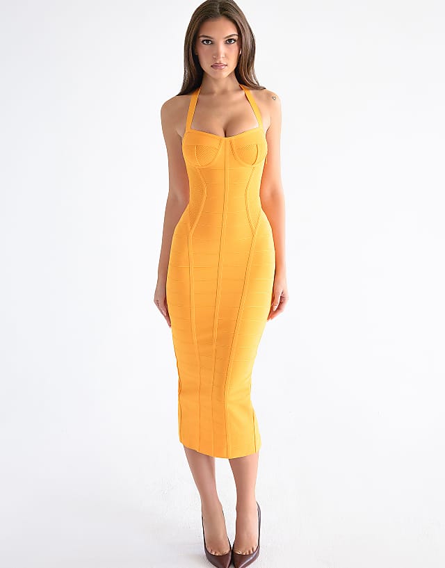 asos House of CB the sculpt midi bandage dress in orange sherbet