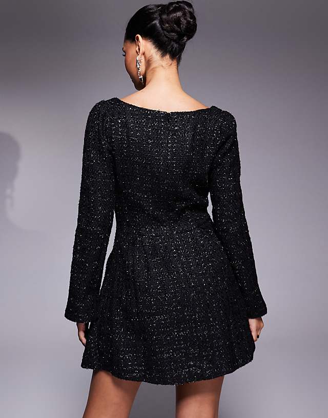 Asos In The Style X Hannah Brown Structured Boucle Square Neck Tailored Pocket Detail Mini Dress In Black