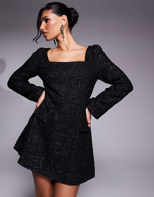 asos In The Style x Hannah Brown structured boucle square neck tailored pocket detail mini dress in black