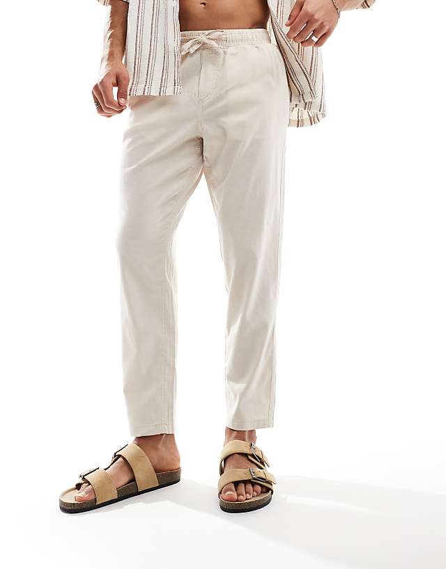 Asos Jack & Jones Drawstring Linen Mix Trouser In Moonbeam