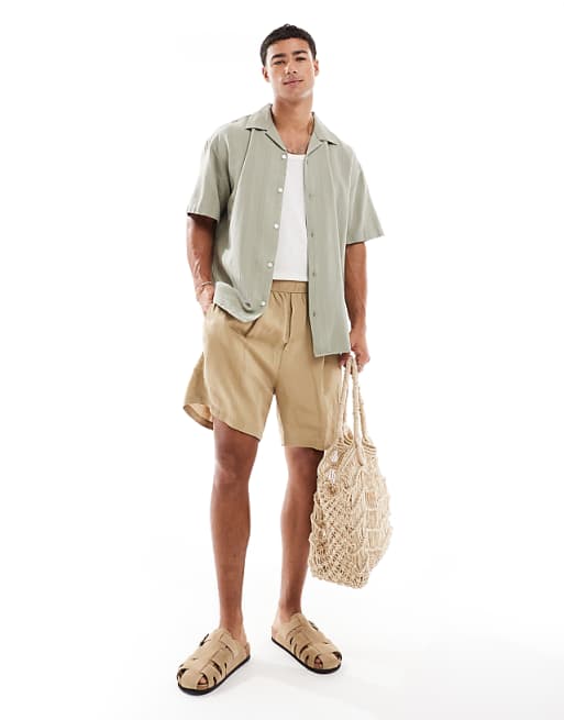 Asos Jack & Jones Embroidered Linen Mix Shirt In Green