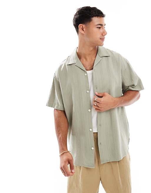 asos Jack & Jones embroidered linen mix shirt in green