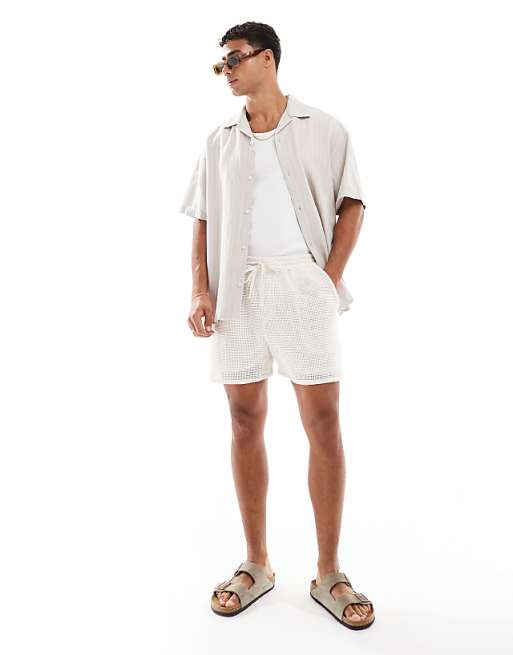 Asos Jack & Jones Embroidered Linen Mix Shirt In Stone