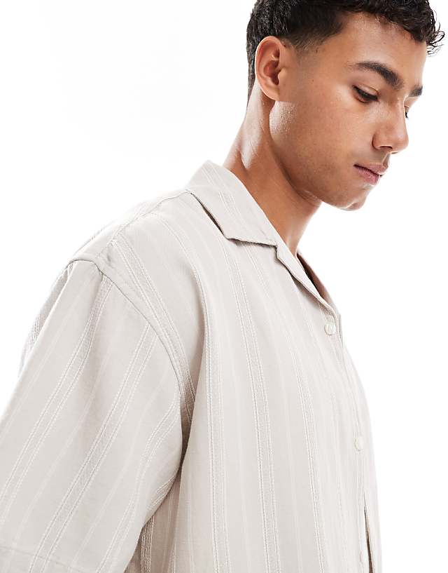 Asos Jack & Jones Embroidered Linen Mix Shirt In Stone