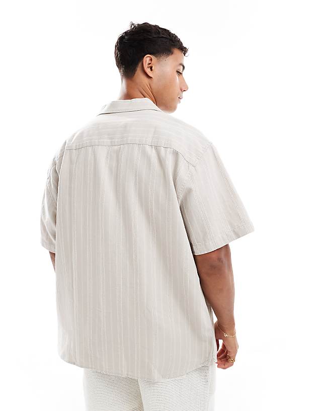 Asos Jack & Jones Embroidered Linen Mix Shirt In Stone