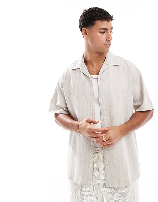 asos Jack & Jones embroidered linen mix shirt in stone