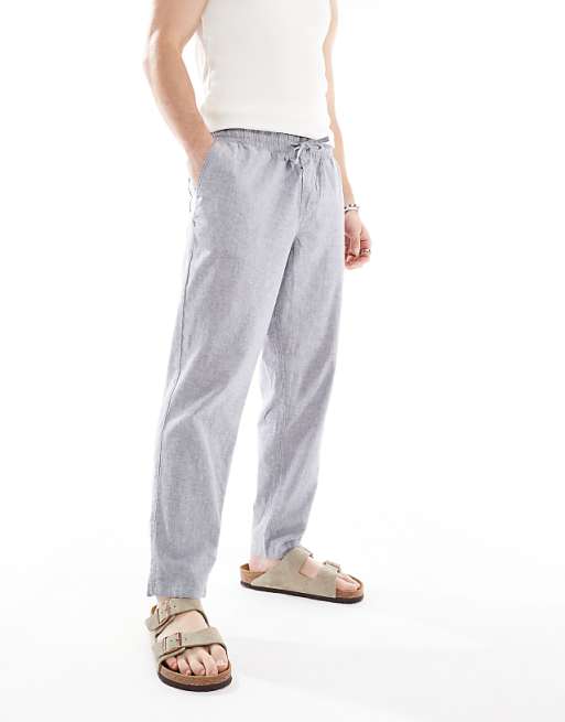 asos Jack & Jones Intelligence drawstring linen mix trouser in blue