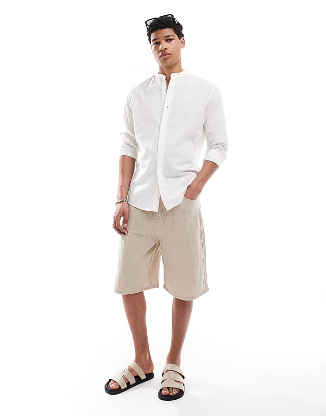 Asos Jack & Jones Linen Blend Slim Fit Shirt With Grandad Collar In White