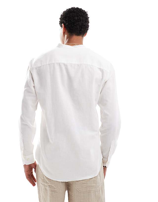 Asos Jack & Jones Linen Blend Slim Fit Shirt With Grandad Collar In White