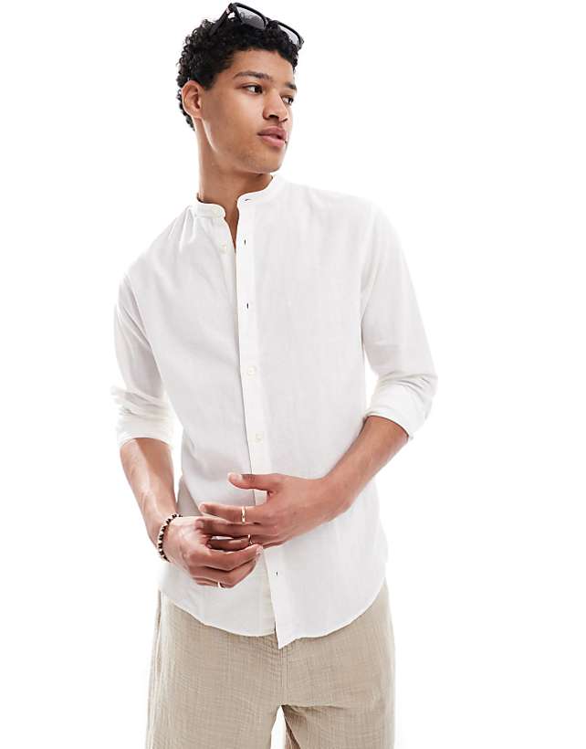 asos Jack & Jones linen blend slim fit shirt with grandad collar in white