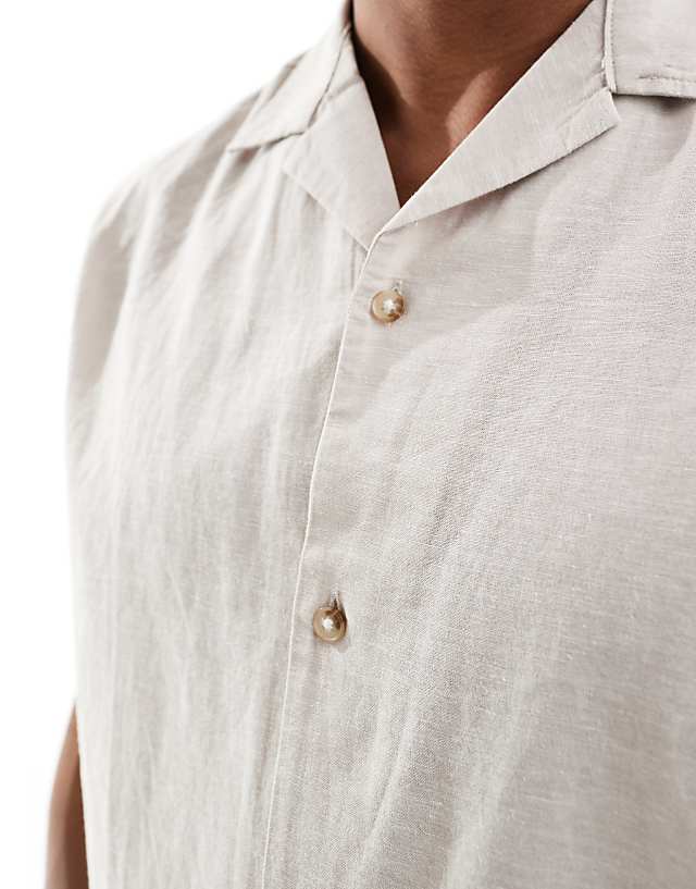 Asos Jack & Jones Linen Shirt With Revere Collar In Beige