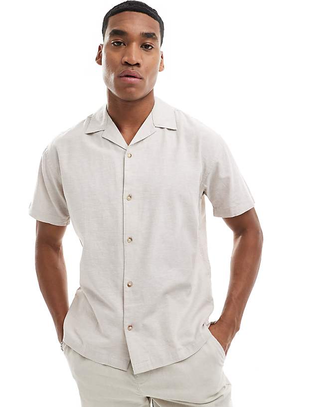 asos Jack & Jones linen shirt with revere collar in beige