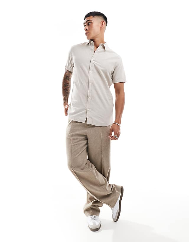 Asos Jack & Jones Linen Shirt With Short Sleeves In Beige