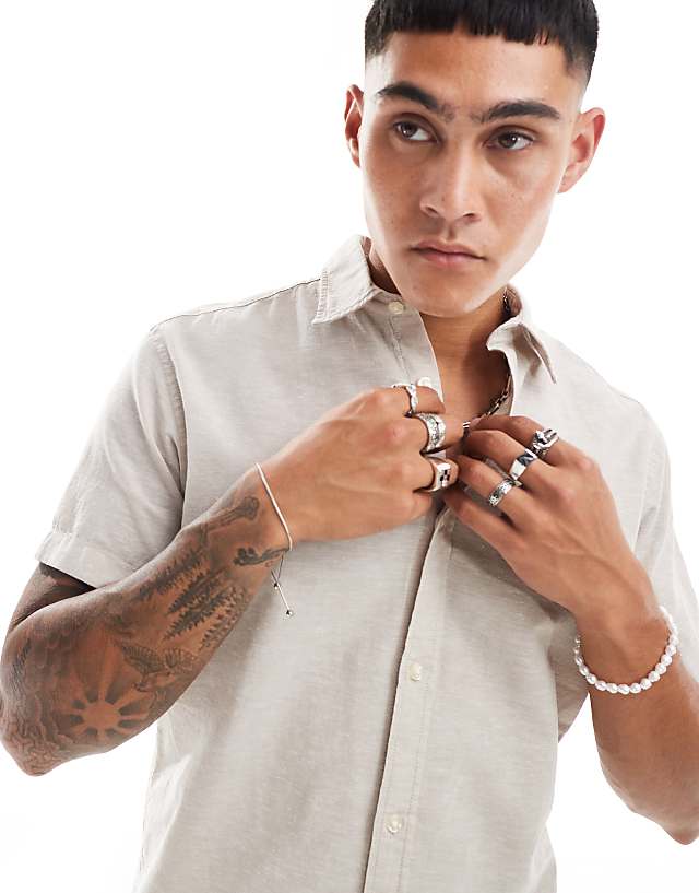 Asos Jack & Jones Linen Shirt With Short Sleeves In Beige