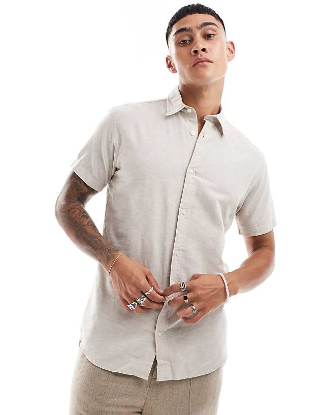 asos Jack & Jones linen shirt with short sleeves in beige