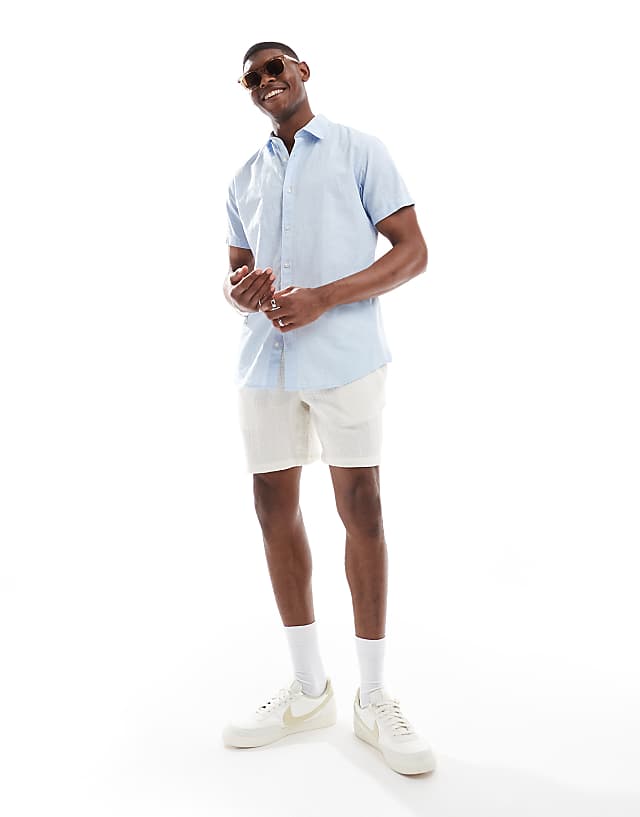 Asos Jack & Jones Linen Short Sleeved Shirt In Light Blue
