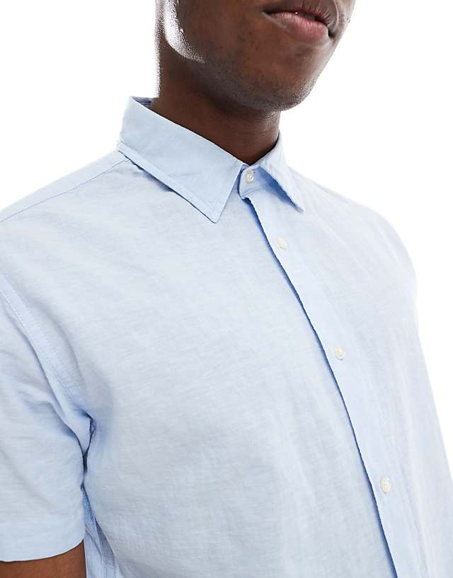 Asos Jack & Jones Linen Short Sleeved Shirt In Light Blue
