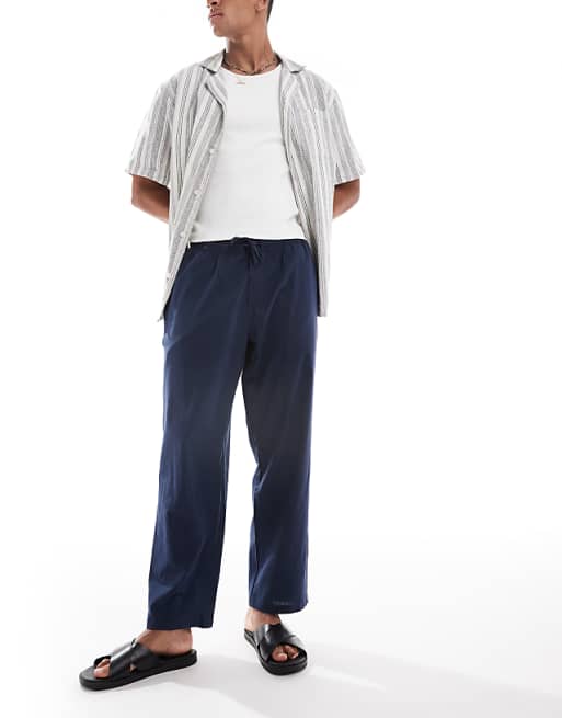 Asos Jack & Jones Loose Fit Linen Mix Trouser In Navy