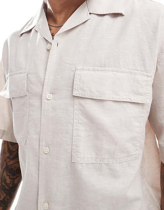 Asos Jack & Jones Oversized Utility Pocket Linen Shirt In Beige