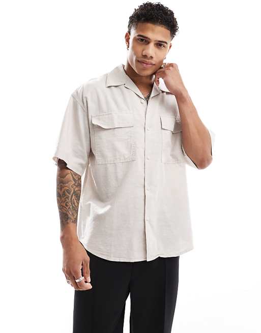 asos Jack & Jones oversized utility pocket linen shirt in beige