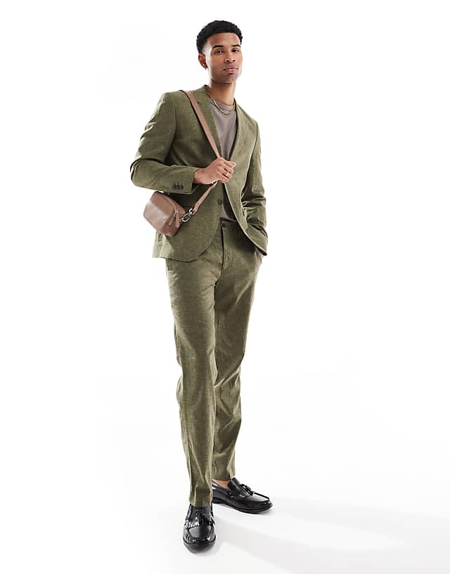 asos Jack & Jones Premium Linen Mix Suit in Olive Green