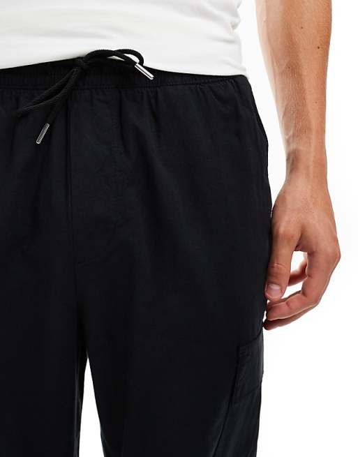 Asos Jack & Jones Tapered Linen Trouser With Cargo Pockets In Black