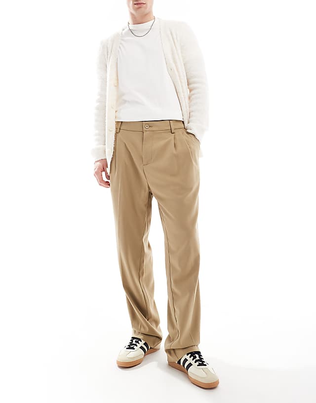 asos Jack & Jones wide fit pleat front smart trouser in beige